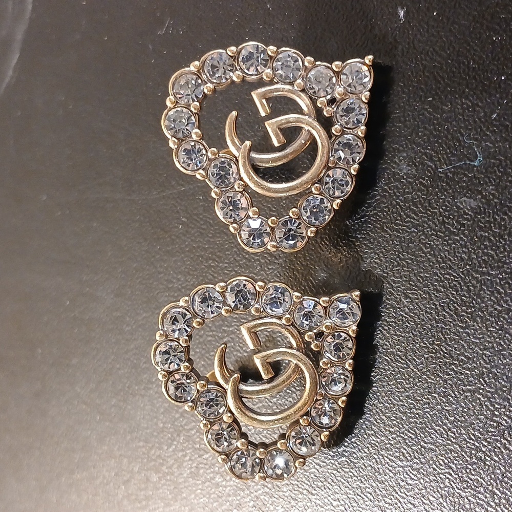 WOMEN'S GUCCI HEART SHAPED DOUBLE GG GOLD CRYSTAL EARRINGS